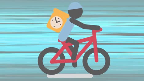 Digitale-Animation-Eines-Mannes,-Der-Einen-Lieferkarton-Mit-Tickender-Uhr-Trägt-Und-Dagegen-Fahrrad-Fährt