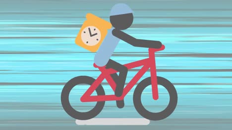 animación digital de un hombre que lleva una caja de paquetes de entrega con reloj de tic-tac montando una bicicleta contra