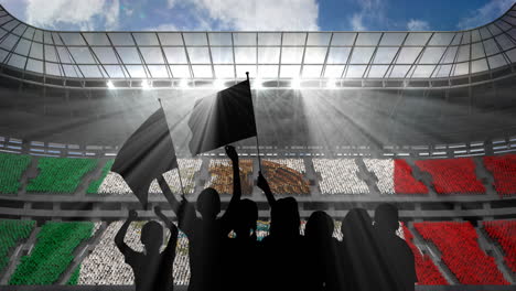 animation of silhouettes of sports fan cheering with mexican flag over sports stadium