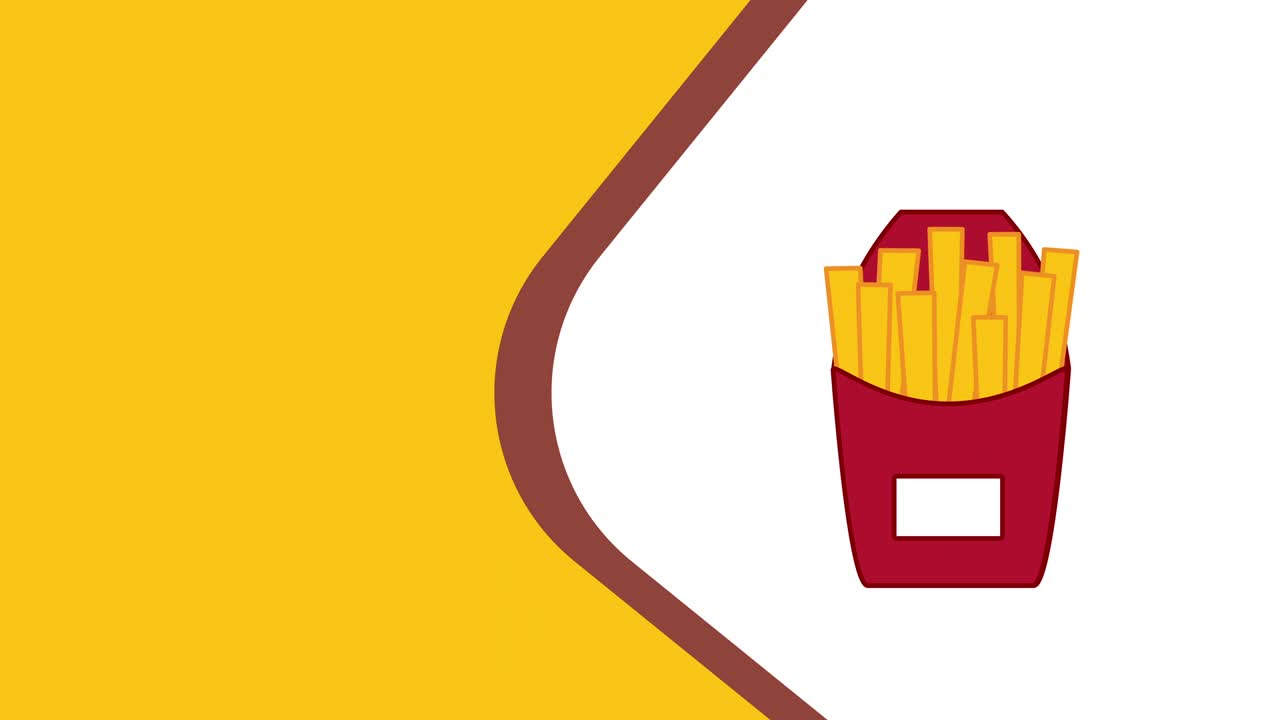 video in 4k di caricature di patatine fritte su sfondo bianco e giallo.