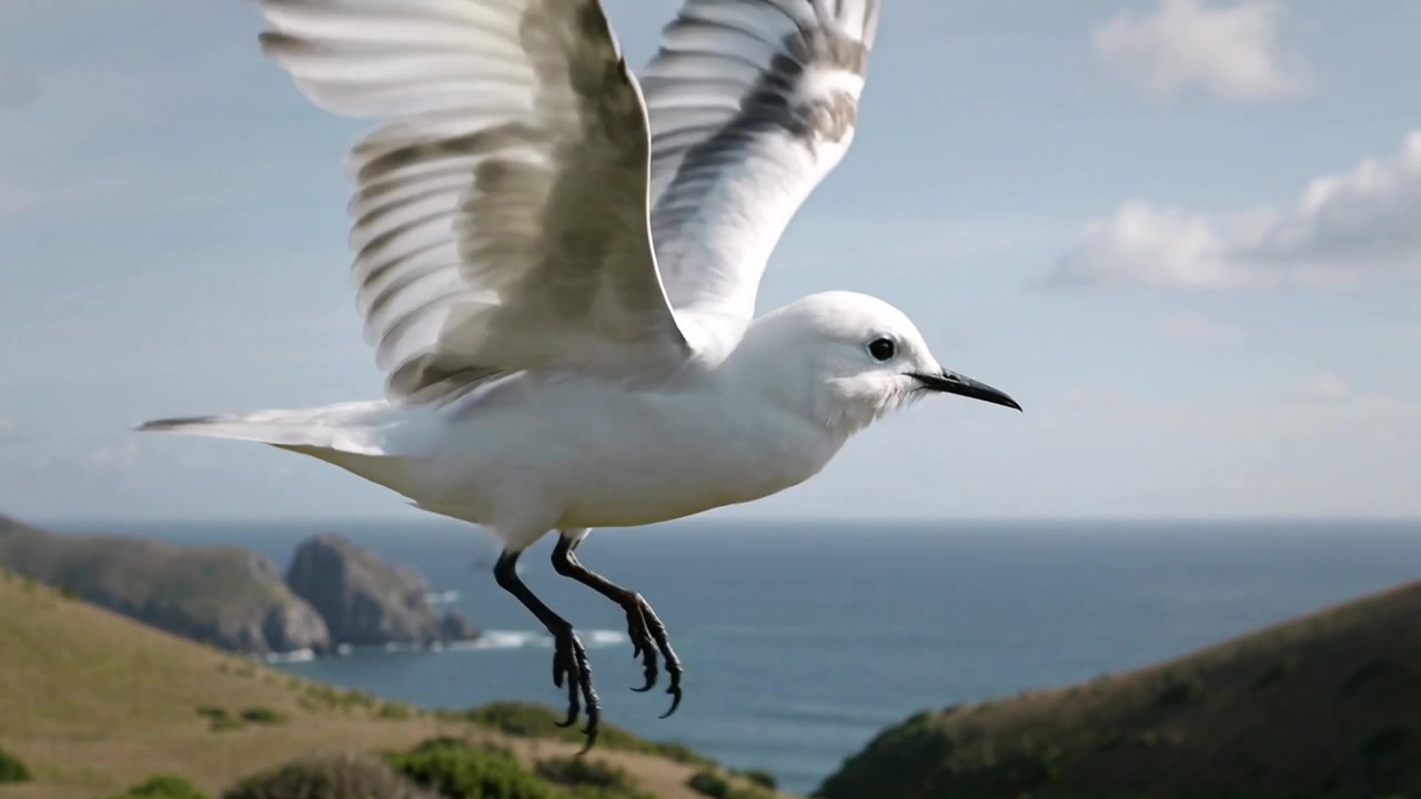 S'approchant par la gauche, un petit oiseau de mer blanc battant des ailes et planant au-dessus d'un promontoire côtier, l'océan.