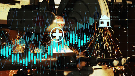 animación de procesamiento de datos e íconos sobre la máquina de corte