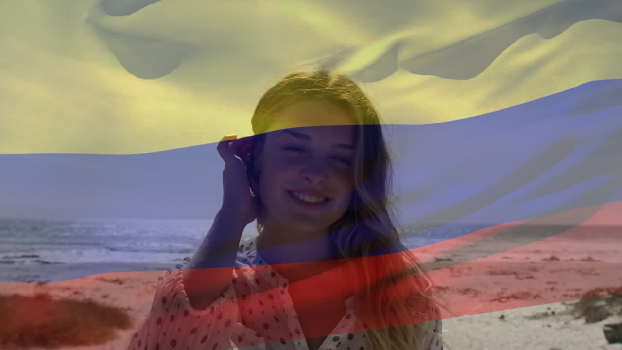 해변에서 아이를 가진 백인 어머니 위에 네덜란드 국기의 애니메이션