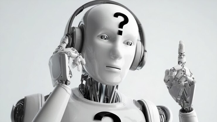 Un robot futuristico con le cuffie che interagisce con un dispositivo audio, che esprime curiosità e confusione con un punto interrogativo sul suo volto, vetrina di tecnologia moderna e interazione IA