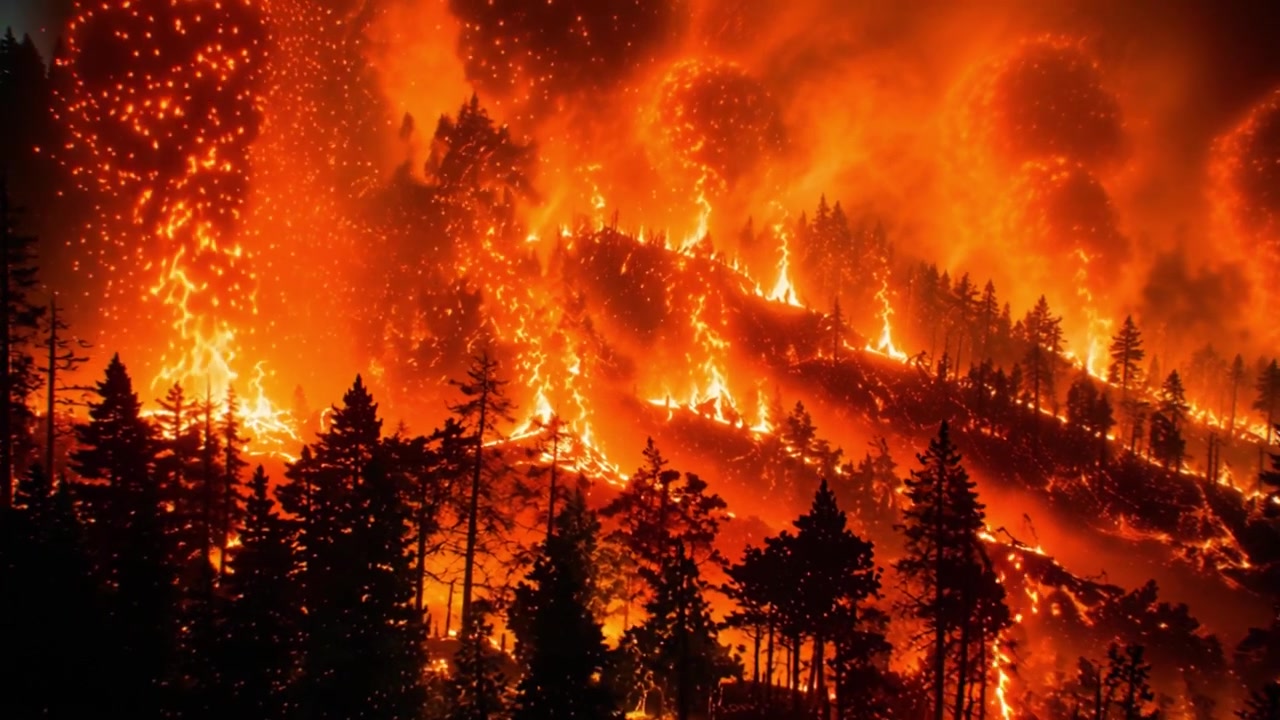 Intenso incendio boschivo che divampa attraverso un'area boschiva montuosa di notte