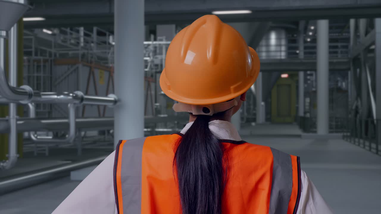 Primo piano posteriore di un'ingegnere donna con elmetto di sicurezza che si guarda intorno mentre è in piedi con le mani sui fianchi, all'interno di una distilleria con grandi serbatoi di fermentazione.