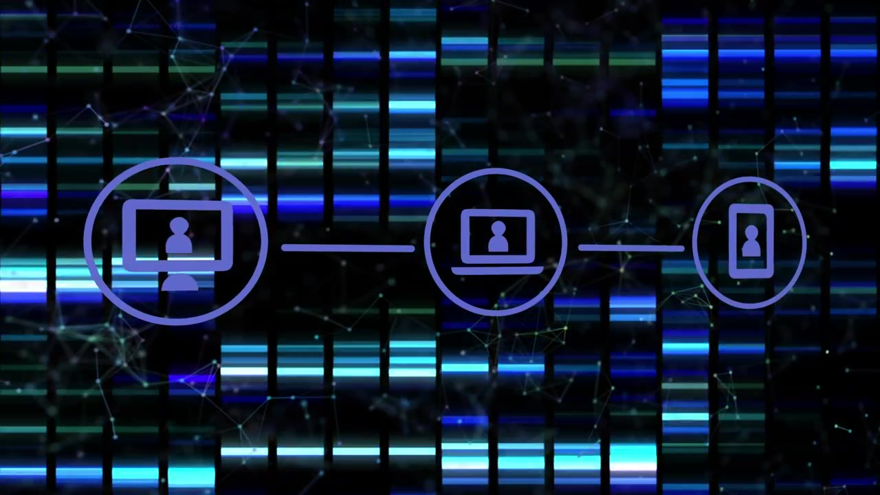 Animation of data processing and media icons over road online security padlock