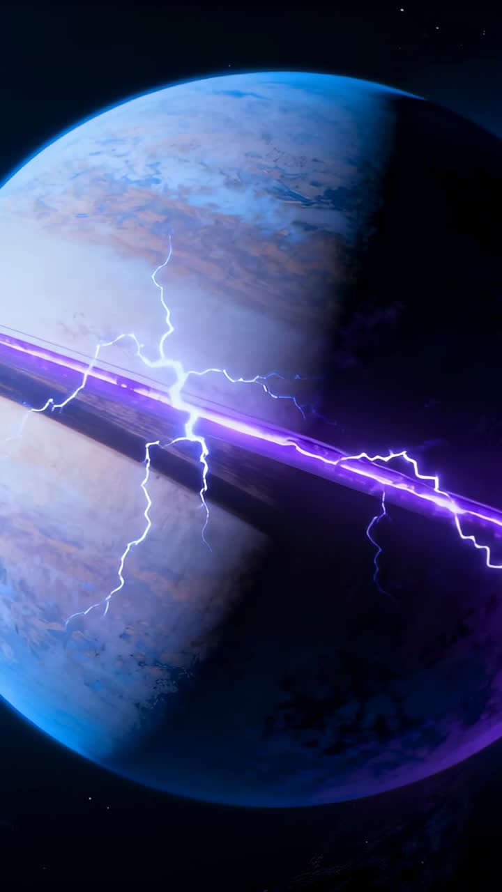 Video verticale: Pianeta gigante gassoso pulsante che emette un nastro viola e archi frastagliati attraverso un anello nello spazio