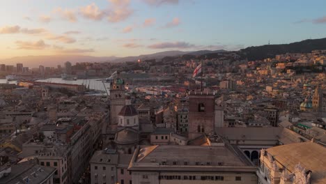 aerial establishing panoramic sunset skyline above liguria italian riviera town travel picturesque historic city