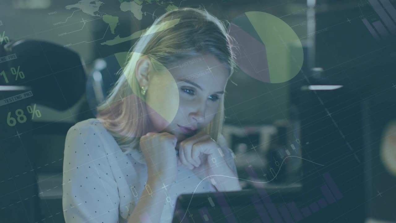 Animation of statistical data processing over thoughtful caucasian woman looking at computer screen