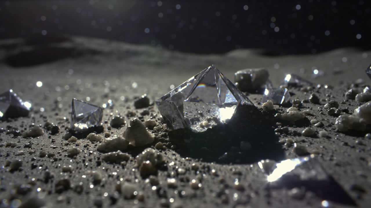 Caméra en contre-plongée révélant le régolithe lunaire, lumière ponctuelle mouvante traçant un amas de cristaux facettés.
