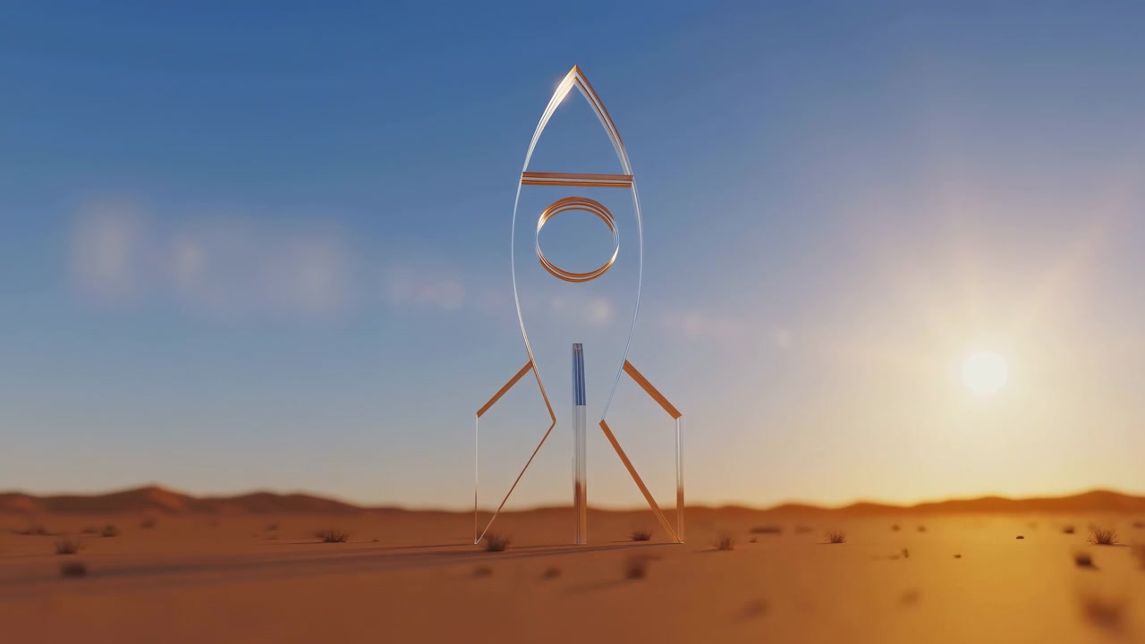 Transparent rocket sculpture rises from desert sand under warm sunset light, with bright flare, orange and silver reflections, long shadows, sparse dunes, low horizon, clear sky, elegant futuristic