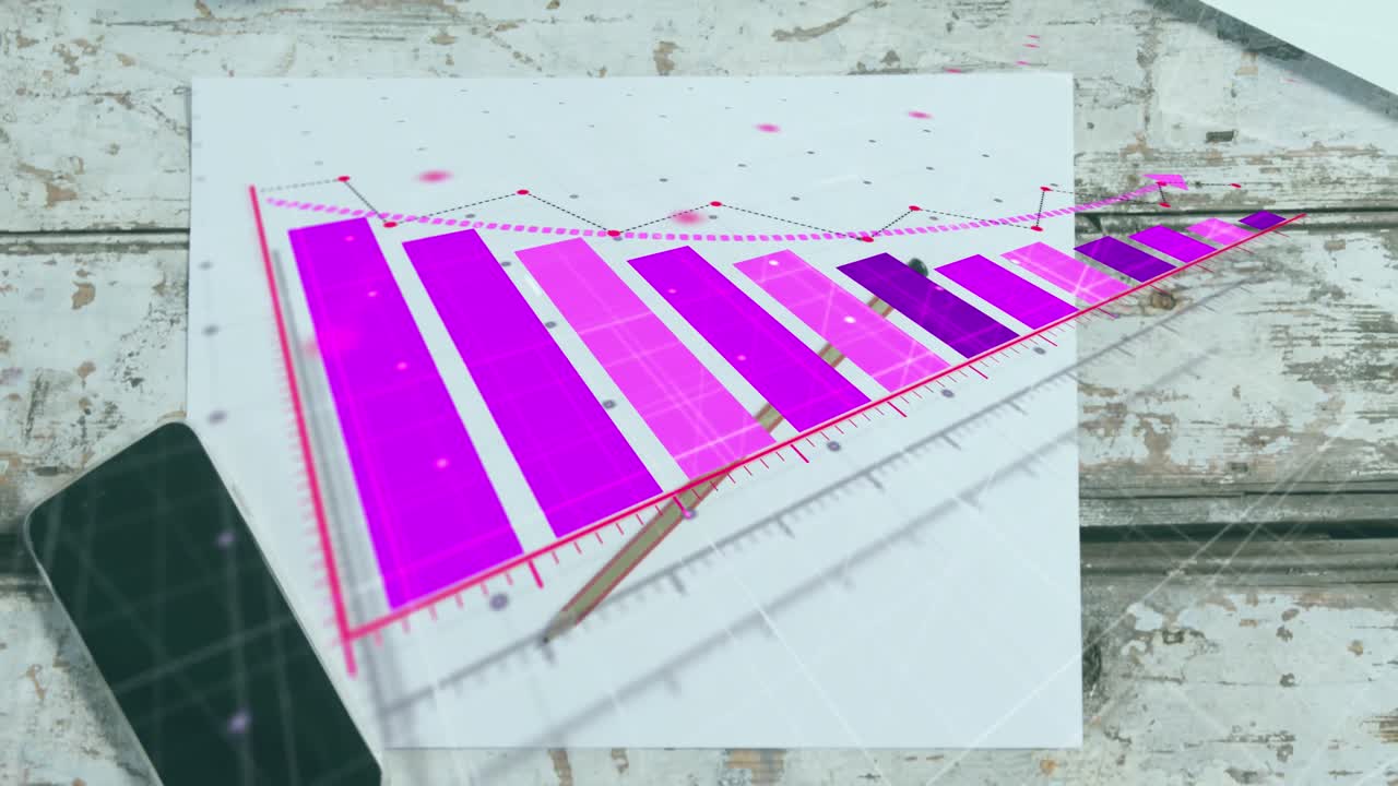 animación del procesamiento de datos estadísticos a través de un teléfono inteligente, un papel en blanco y una taza de café en una mesa de madera.