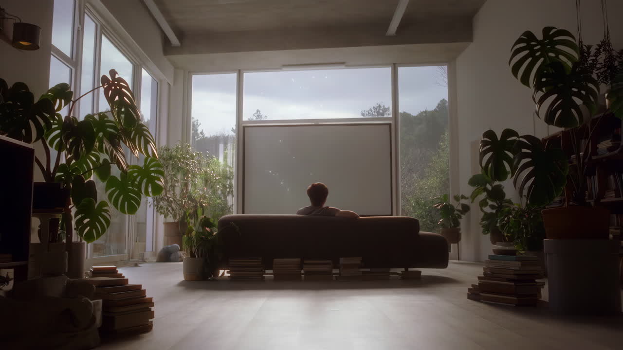 Person relaxing in a bright living room surrounded by plants