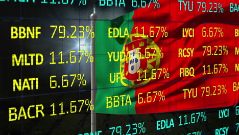 animation of stock market data processing against waving portugal flag and light spot