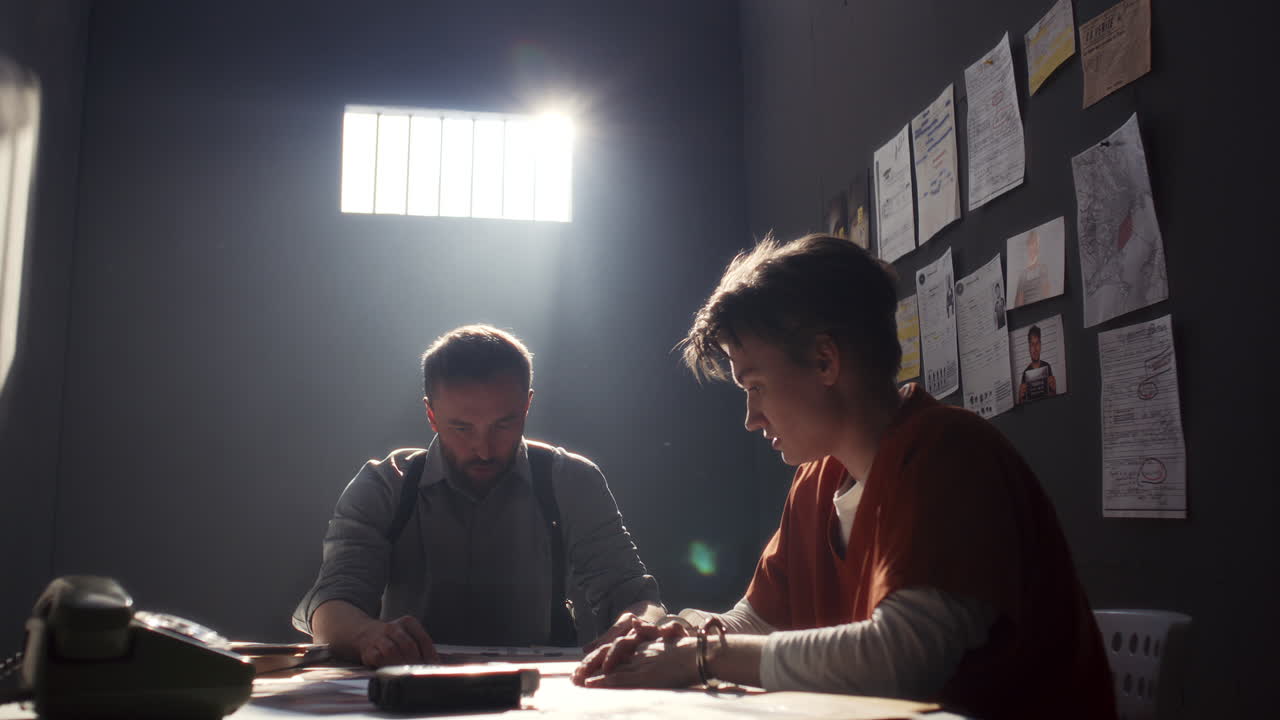 Angry Investigator Interrogating Female Inmate in Prison Interview Room