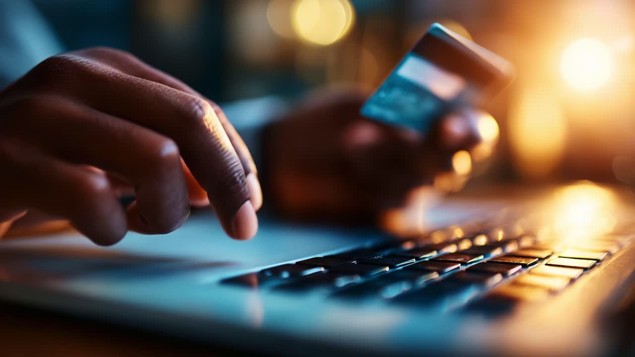 Engaging in Online Shopping: A Close-Up of Hands Using a Credit Card on a Laptop, Highlighting the Digital Payment Process in a Warmly Lit Environment