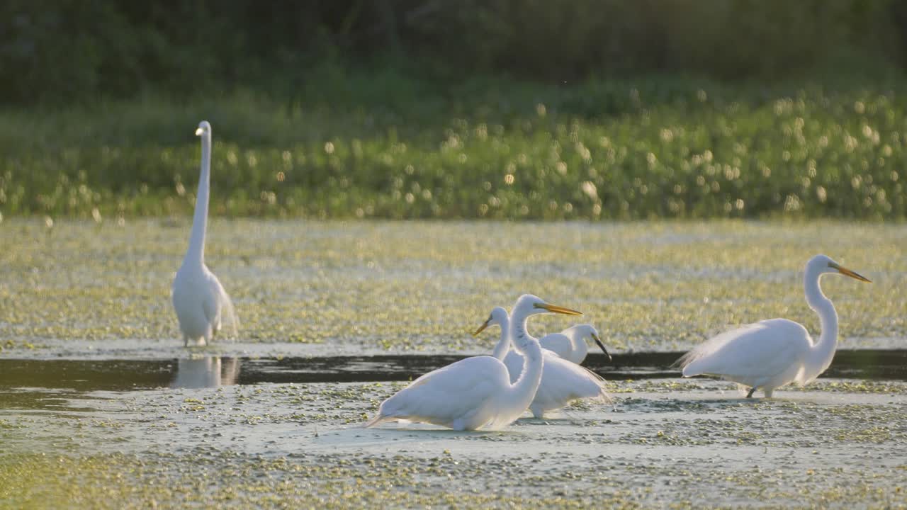 Great Egrets wading and landing and eating in shallow green wetland