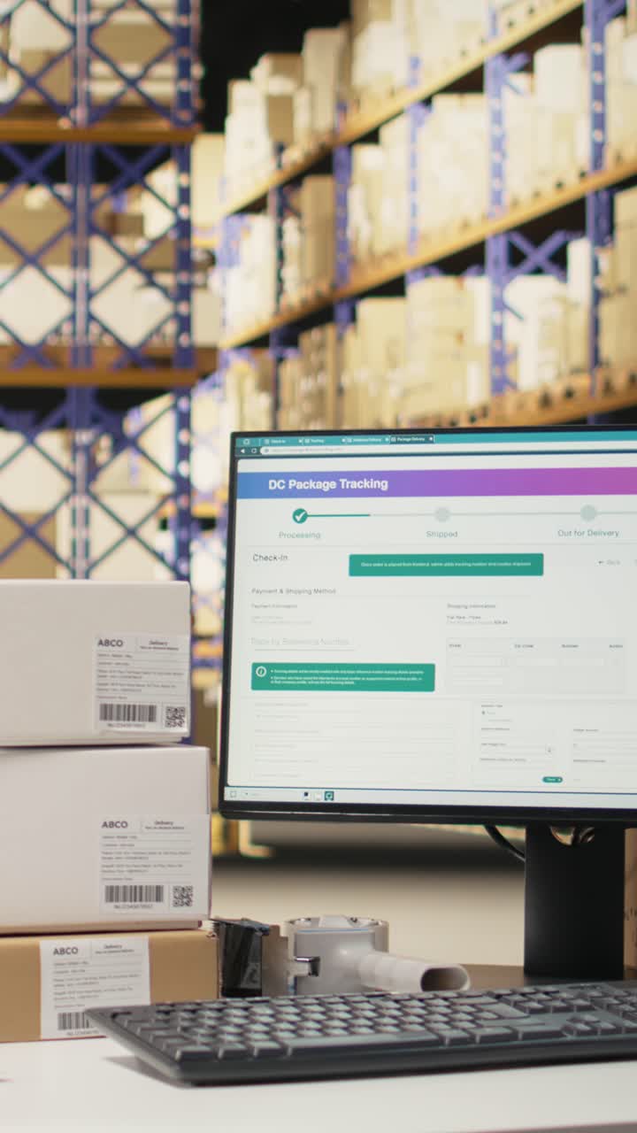 Vertical Video Spacious organized warehouse with empty shelves and open supply room