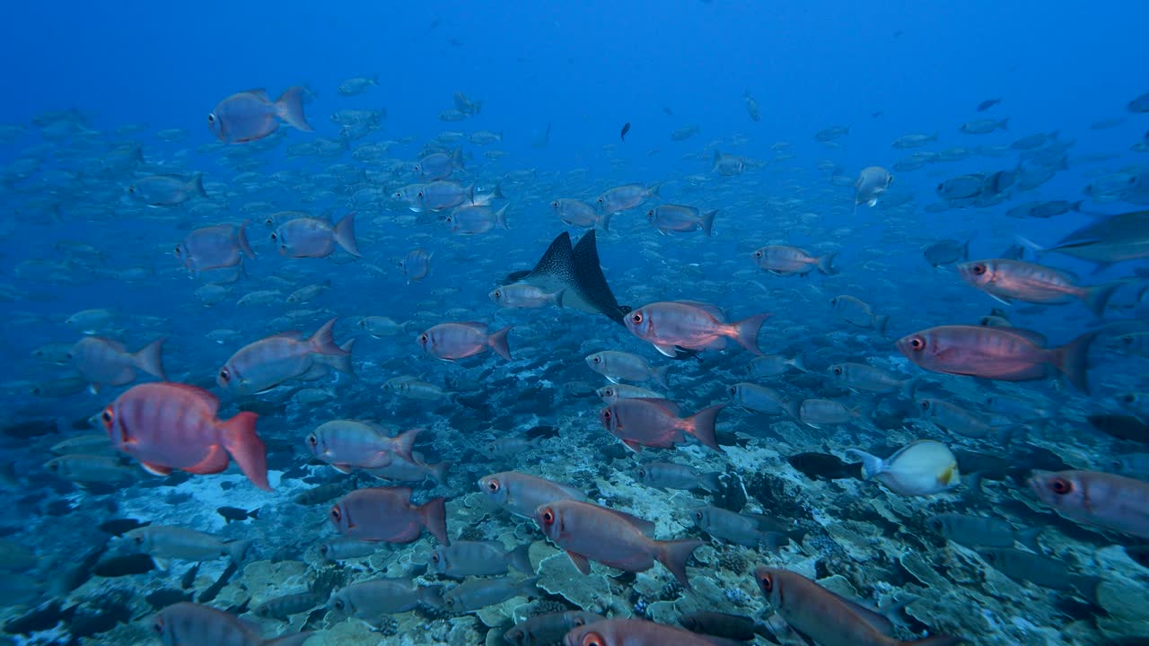 Eagle ray appears in the middle of a big school of goggle eye fish at the tropical coral reef of the atoll of Fakarava, French Polynesia