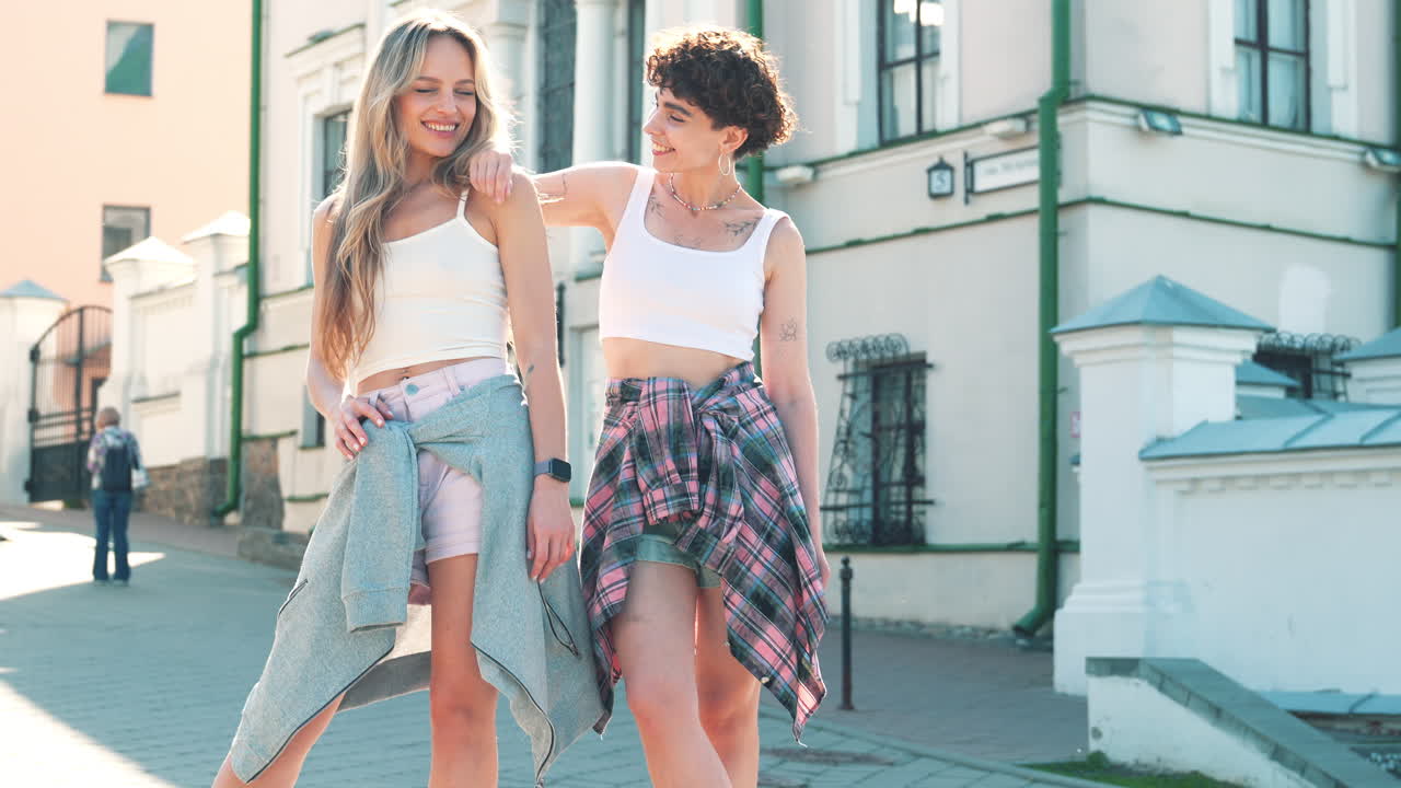 두 명의 젊은 여성 친구들이 도시 거리에서 야외에서 포즈를 취하고 있습니다.