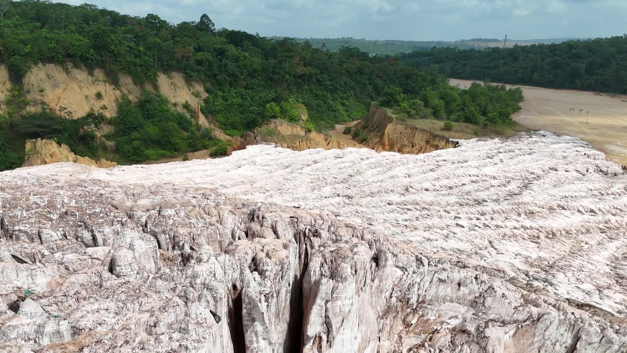 drone footage of the unique geological "Moon Viewpoint" in Angola, highlighting the stunning red canyons and rugged wilderness