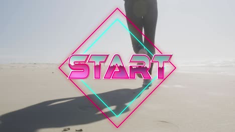 animation of text start, in shiny pink, with woman running on beach