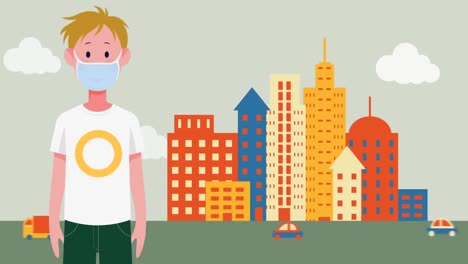 animation of man wearing face mask over cityscape