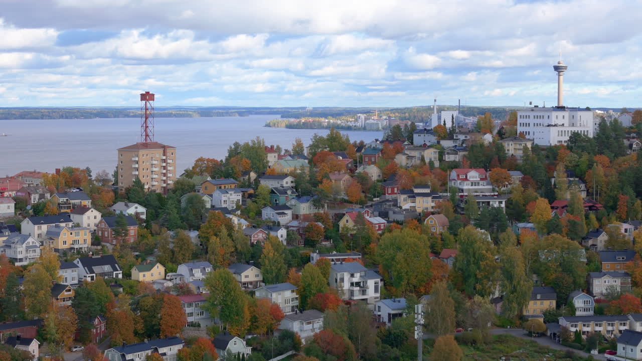 Drone flying over pispala and panning to reveal Tampere center and Näsinneula tower. Haulitorni shot tower on the left.