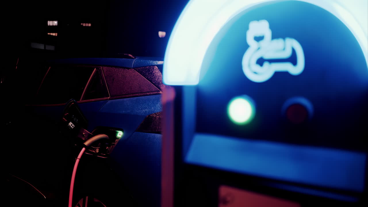 Close up of an illuminated, electric car charging station at night