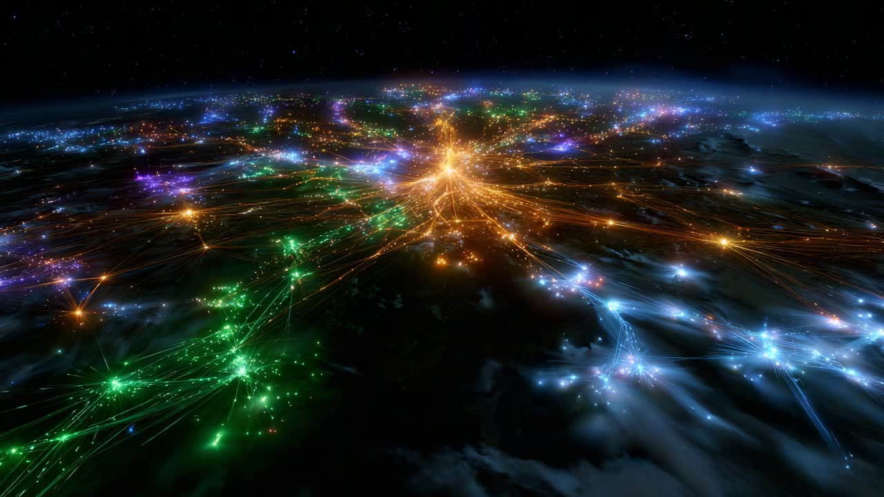 A Stunning Visualization of Dynamic Connections Across a Global Network, Highlighting Interconnectedness Through Colorful Light Patterns Depicting Data Flowing Through Space and Time