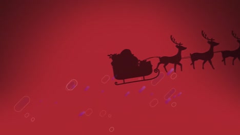 Purple-light-trails-floating-over-santa-claus-in-sleigh-being-pulled-by-reindeers-on-red-background