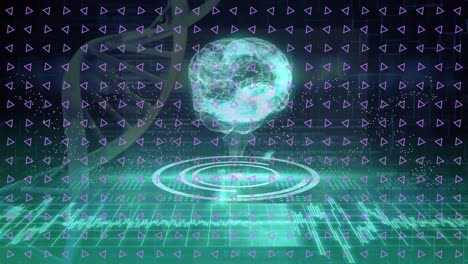 Animation of triangles over digital human brain, dna helix, database and illuminated soundwave