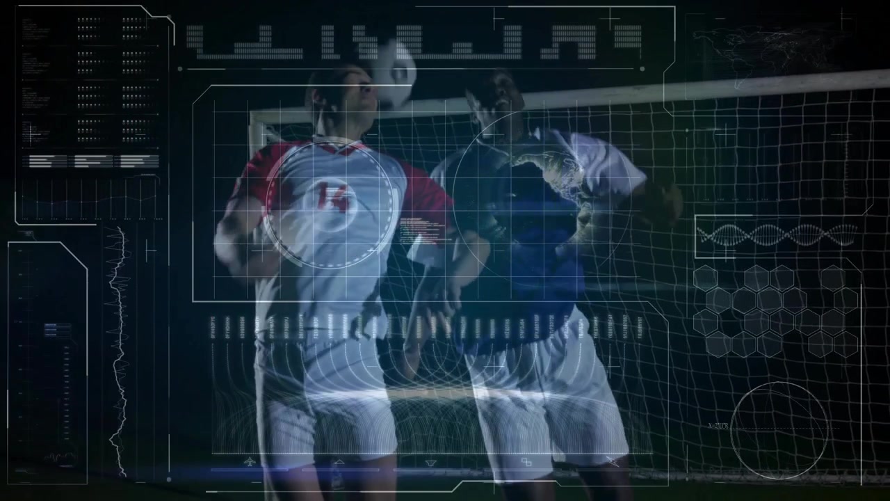 Two soccer players jumping for header after ball tracking with animated sports technology HUD