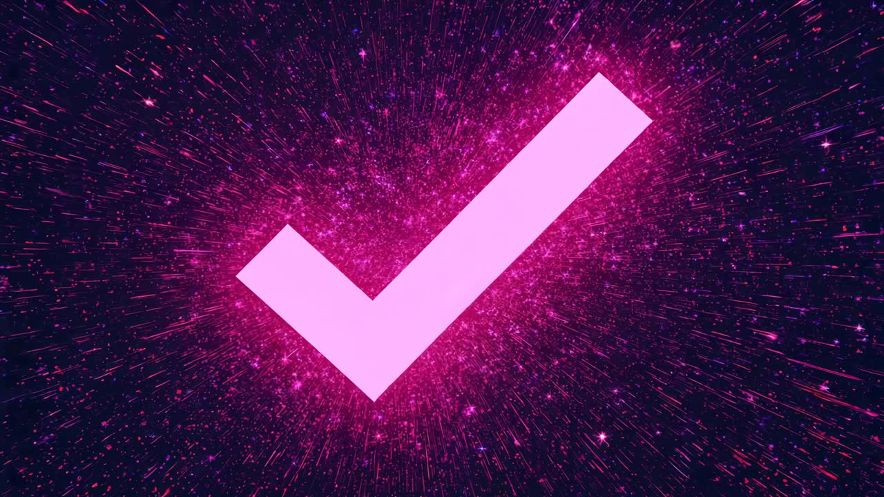Radiating large pink check mark centering in purple stars, nebula glowing driving streaks streaming