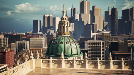 aerial view of a city with a large dome and a cityscape in the background