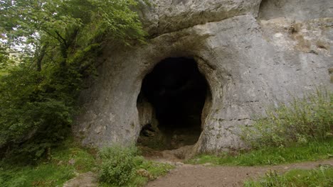 środkowe ujęcie jaskini dove hole na spacerze dove dale z drzewem na pierwszym planie