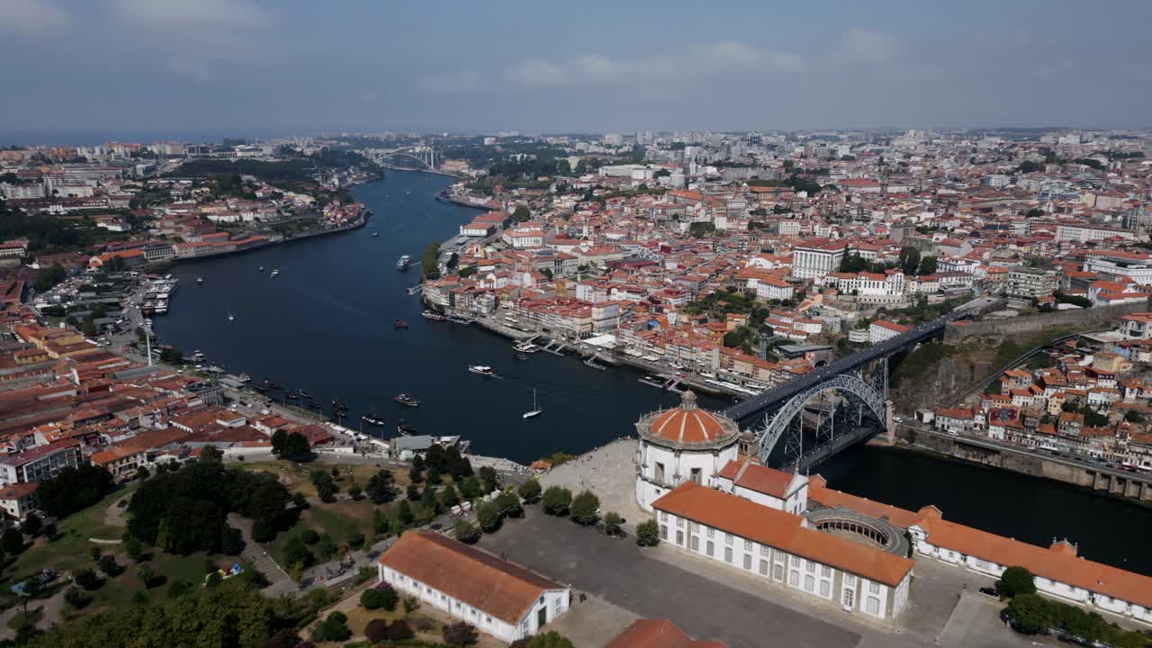 Majestic Oporto city view with douro river and dom luis bridge - aerial