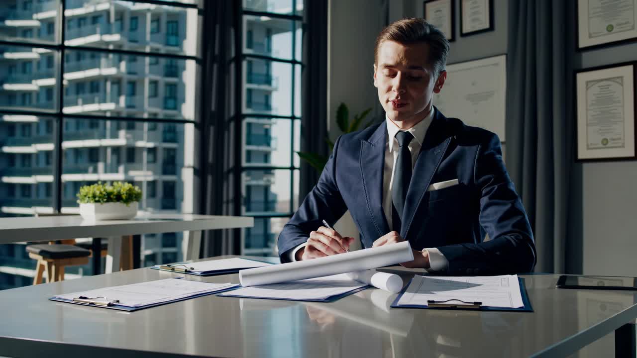 Businessman reviewing blueprints in a modern office