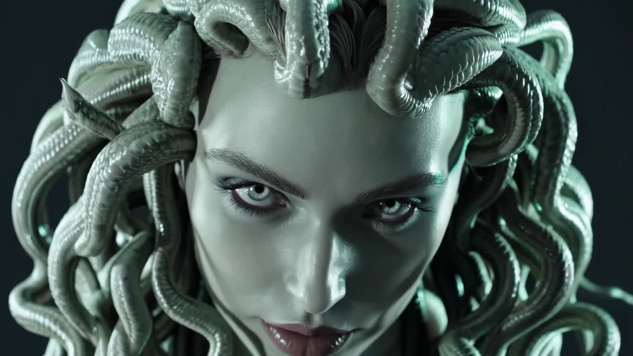 Medusa, a gorgon from Greek mythology, stares intensely with her hypnotic gaze, her hair composed of venomous snakes, creating a captivating and chilling portrait