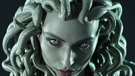 medusa, a gorgon from greek mythology, stares intensely with her hypnotic gaze, her hair composed of venomous snakes, creating a captivating and chilling portrait