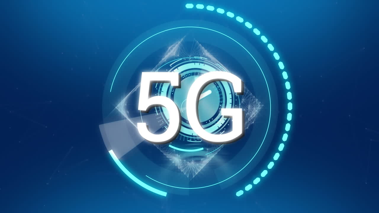 파란색 배경에 스캔되는 5g 텍스트의 애니메이션