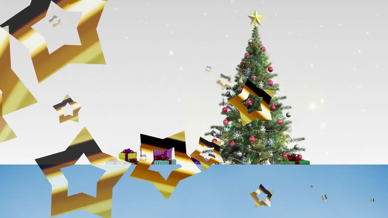 animación de nieve cayendo y estrellas sobre el árbol de navidad y regalos