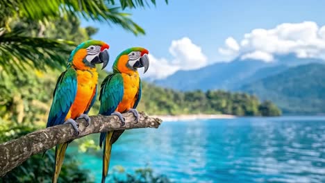 two vibrant macaws perched on a branch overlooking a tropical lake