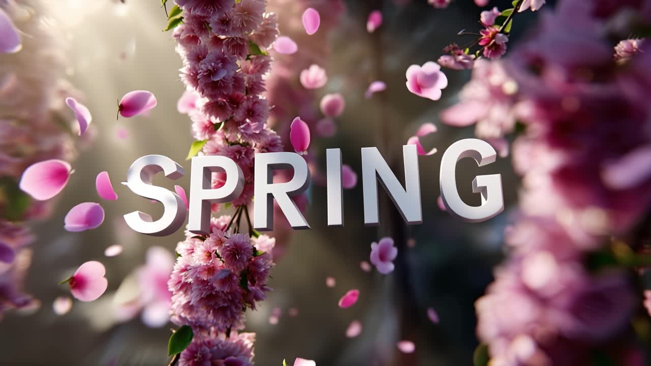 Soft pink blossoms drift in sunlit air. White letters spell "SPRING" with gentle glow. Petals swirl around the word, alive and free. Light dances through delicate floral frames