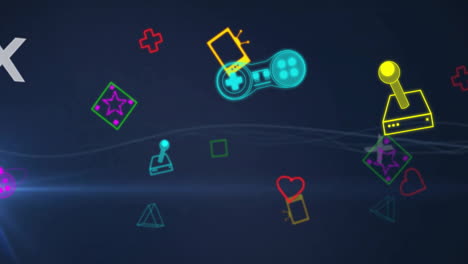 animación de símbolos, formas geométricas y consolas de juegos sobre patrón de onda