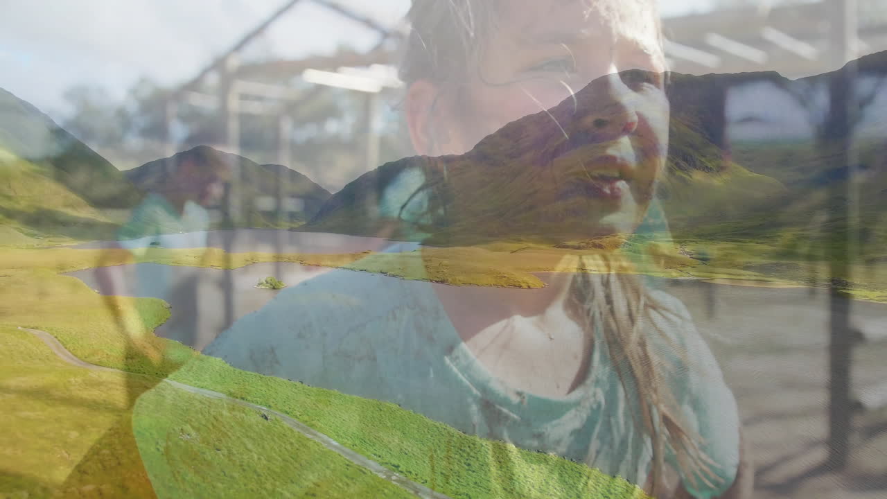Running in obstacle course, child with animation of scenic green hills and lake