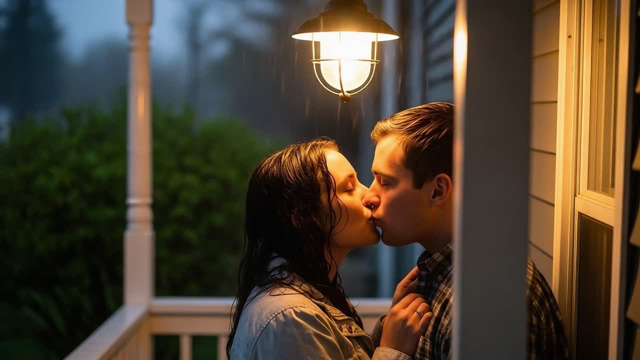 A Romantic Encounter in the Rain: Capturing the Intimacy of a Couple Sharing a Passionate Kiss Under the Soft Glow of a Lantern During a Rainy Evening