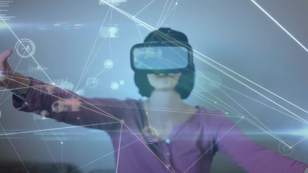 Animation of network of connections over caucasian woman wearing vr headset