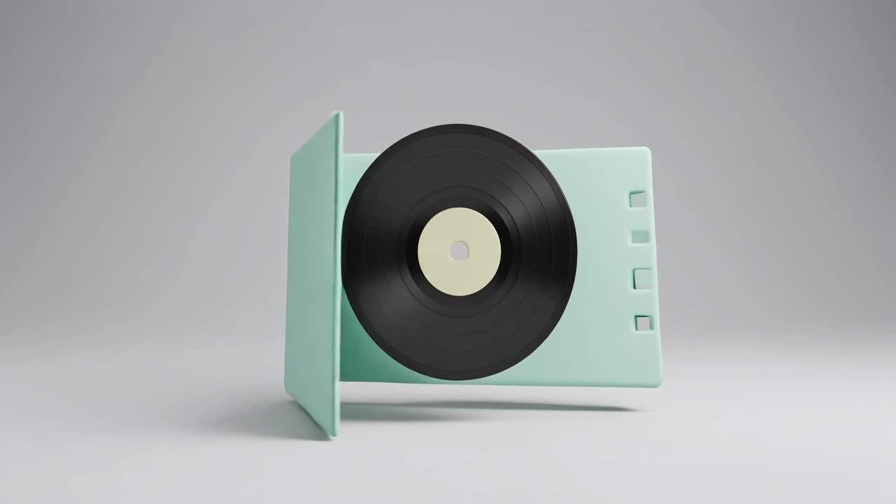 Mintgrønt pladecover der åbner og afslører roterende vinylplade